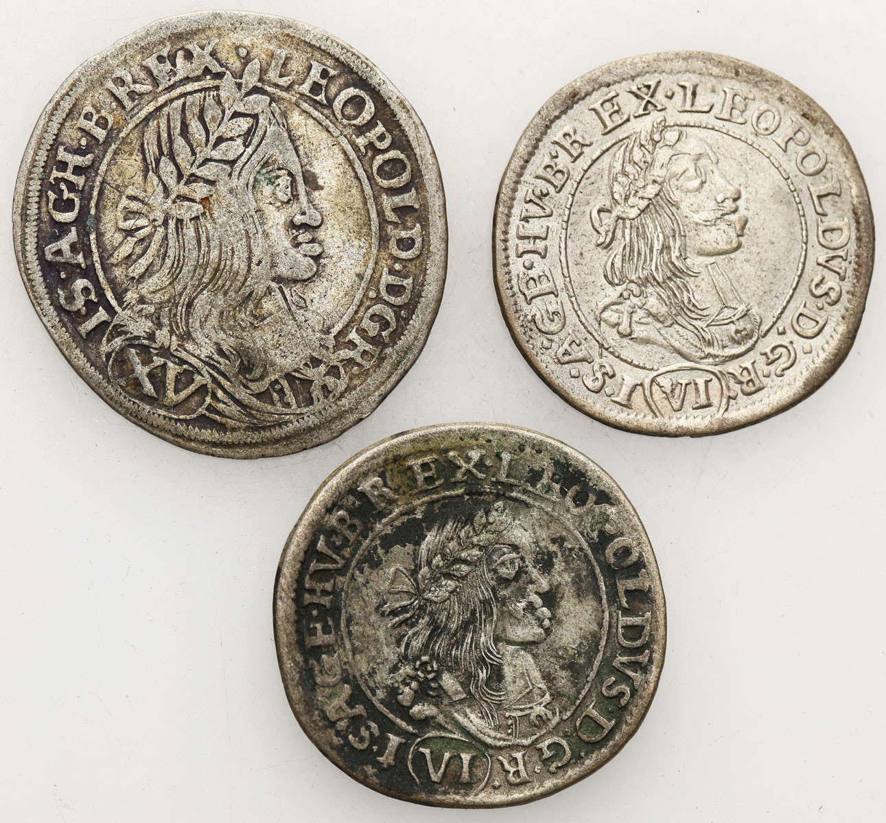 Węgry, Leopold I. 6 krajcarów 1670, 1674 KB, Kremnica, 15 krajcarów 1661, CA, Wiedeń, zestaw 3 monet